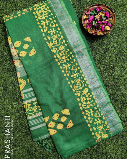 Semi linen saree green with kantha stitch work and silver zari border - {{ collection.title }} by Prashanti Sarees
