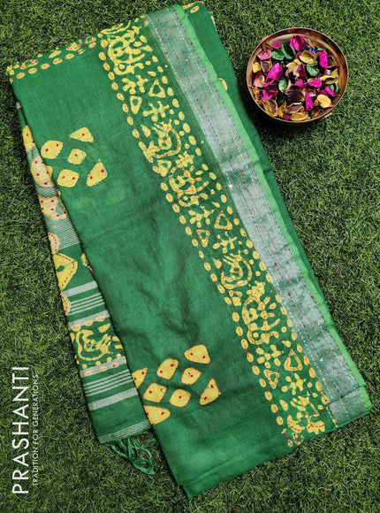 Semi linen saree green with kantha stitch work and silver zari border - {{ collection.title }} by Prashanti Sarees