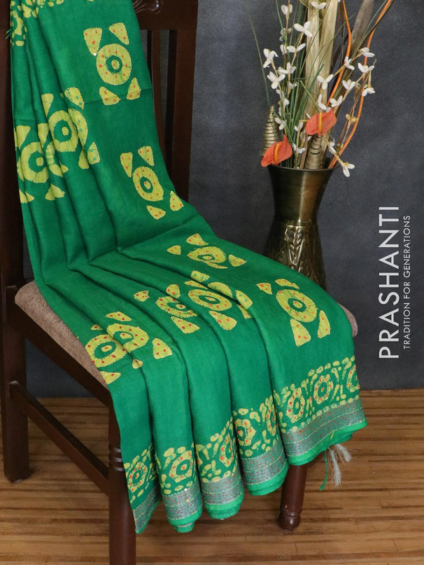 Semi linen saree green with kantha stitch work and silver zari border - {{ collection.title }} by Prashanti Sarees