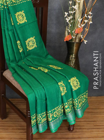 Semi linen saree green with kantha stitch work and silver zari border - {{ collection.title }} by Prashanti Sarees