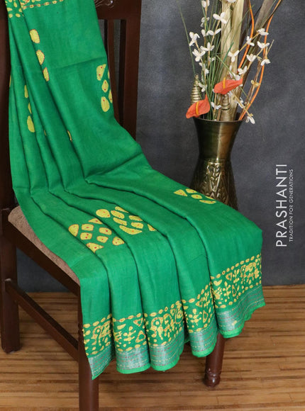 Semi linen saree green with kantha stitch work and silver zari border - {{ collection.title }} by Prashanti Sarees