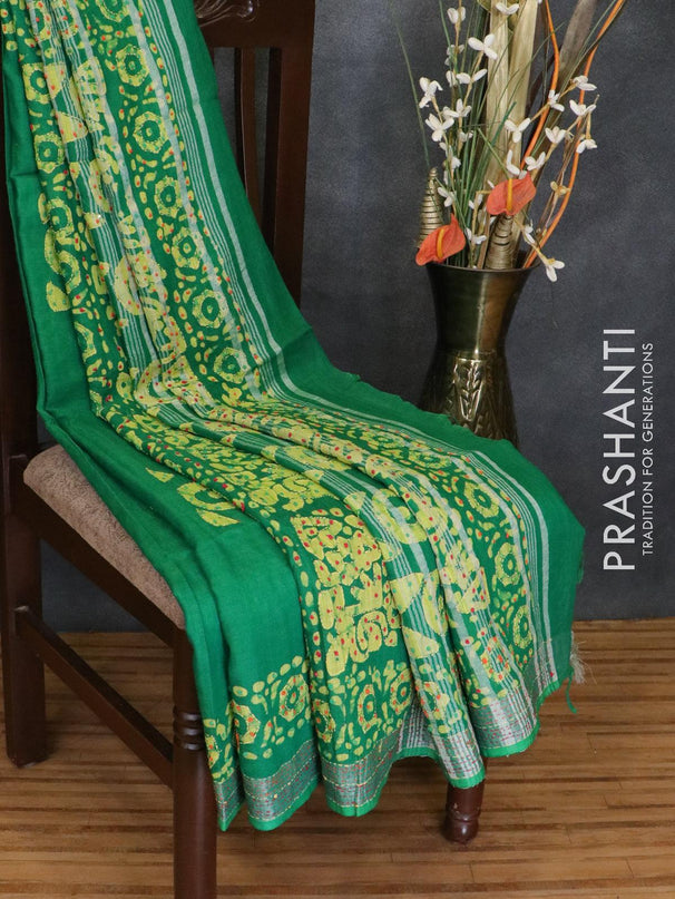Semi linen saree green with kantha stitch work and silver zari border - {{ collection.title }} by Prashanti Sarees