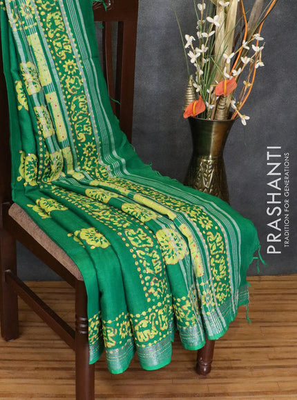 Semi linen saree green with kantha stitch work and silver zari border - {{ collection.title }} by Prashanti Sarees