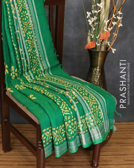 Semi linen saree green with kantha stitch work and silver zari border - {{ collection.title }} by Prashanti Sarees