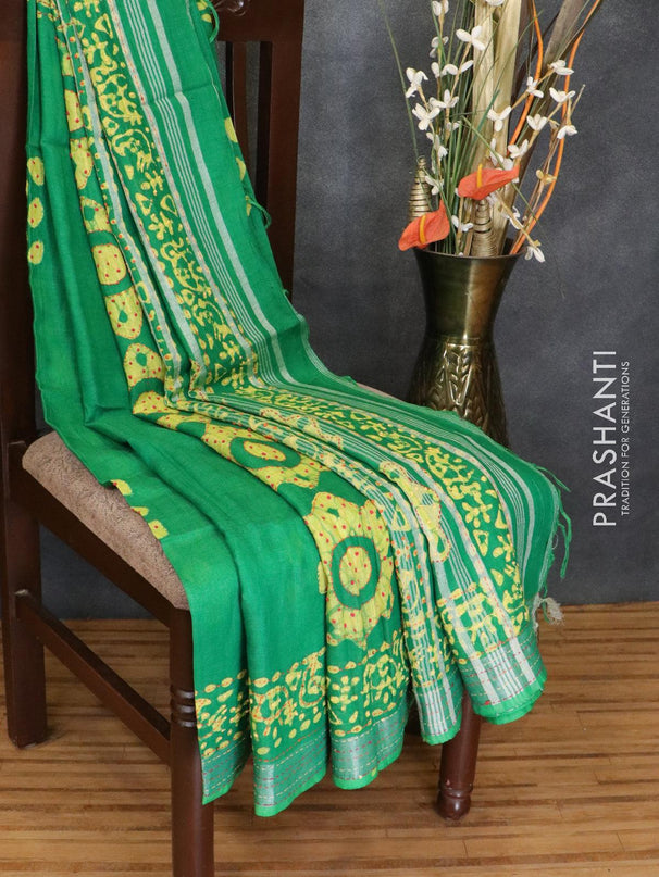 Semi linen saree green with kantha stitch work and silver zari border - {{ collection.title }} by Prashanti Sarees
