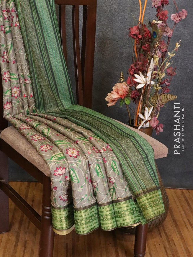 Semi linen saree grey and green with allover floral prints and simple border - IVO1431 - {{ collection.title }} by Prashanti Sarees