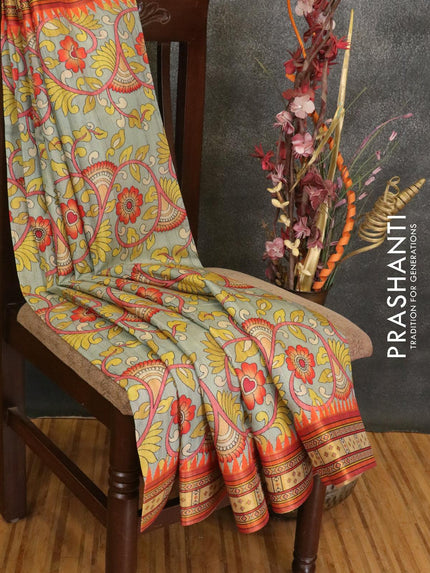 Semi linen saree grey and orange with allover floral prints and simple border - {{ collection.title }} by Prashanti Sarees