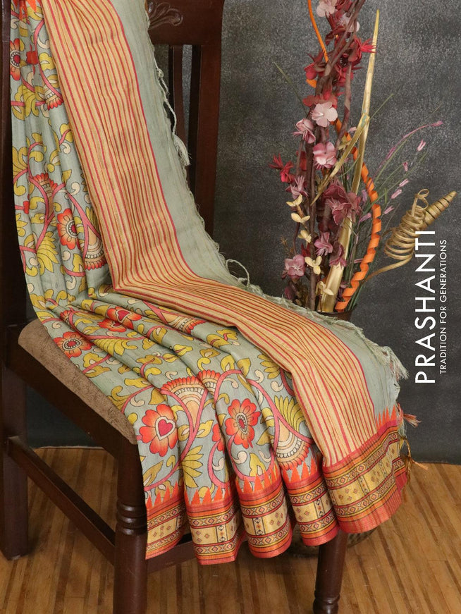 Semi linen saree grey and orange with allover floral prints and simple border - {{ collection.title }} by Prashanti Sarees
