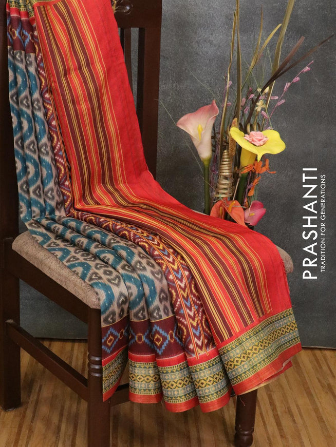 Semi linen saree grey and red with allover prints and simple border - {{ collection.title }} by Prashanti Sarees
