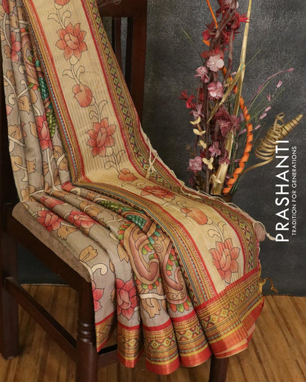 Semi linen saree grey shade and red with allover floral prints and simple border - IVO1596 - {{ collection.title }} by Prashanti Sarees