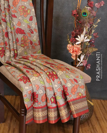Semi linen saree grey shade and red with allover floral prints and simple border - {{ collection.title }} by Prashanti Sarees