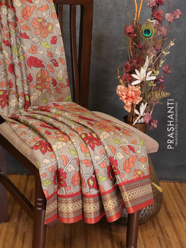 Semi linen saree grey shade and red with allover floral prints and simple border - {{ collection.title }} by Prashanti Sarees