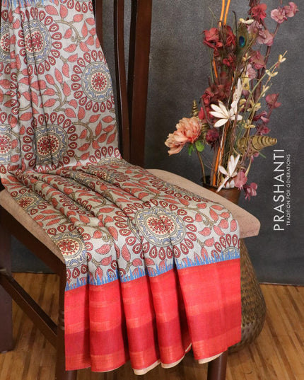 Semi linen saree grey shade and red with allover prints and simple border - {{ collection.title }} by Prashanti Sarees