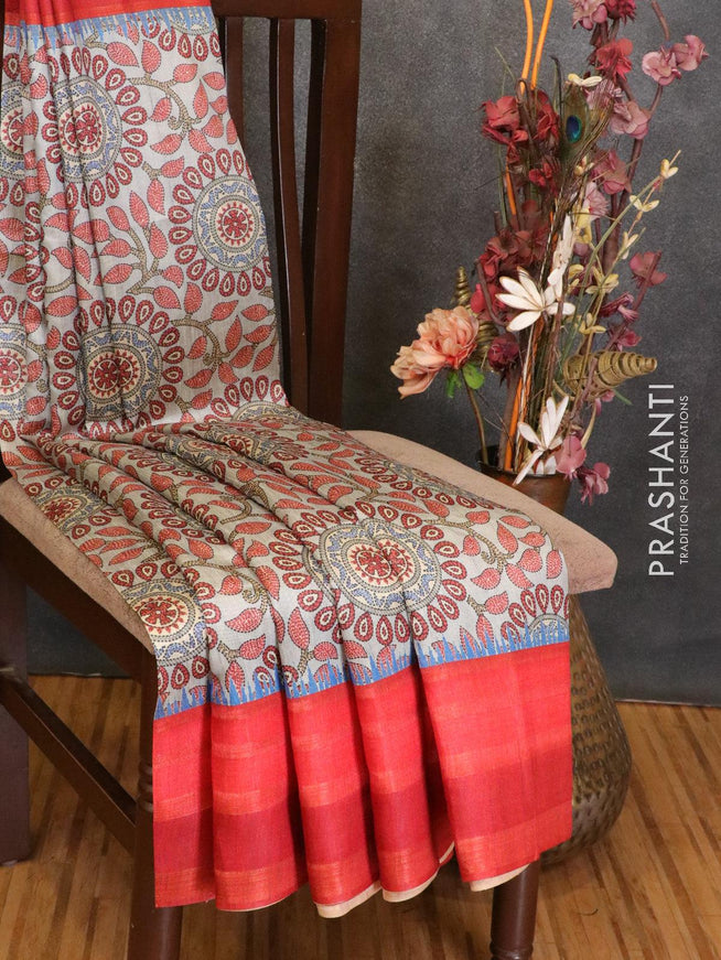 Semi linen saree grey shade and red with allover prints and simple border - {{ collection.title }} by Prashanti Sarees
