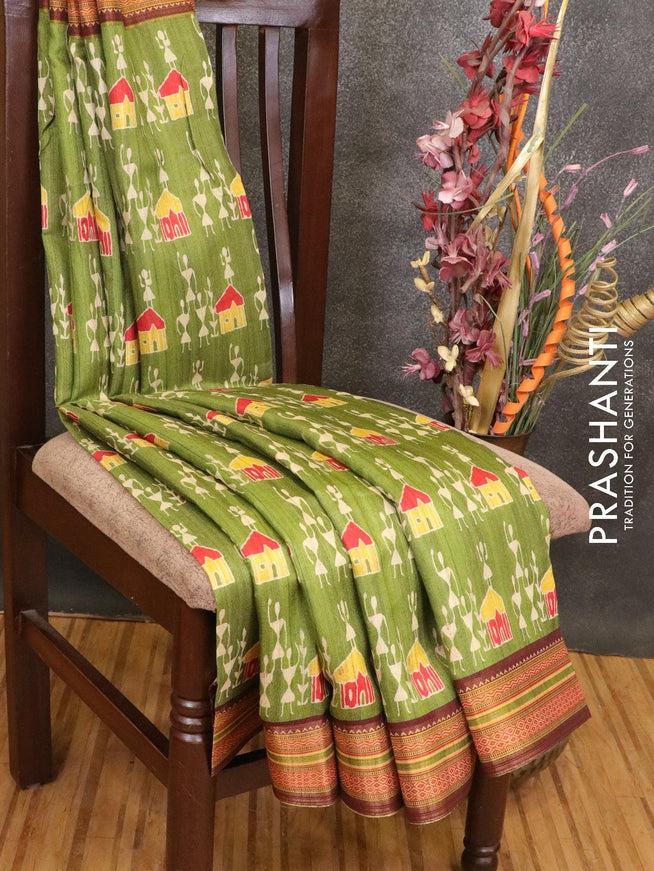 Semi linen saree light green and coffee brown with allover warli prints and simple border - IVO1509 - {{ collection.title }} by Prashanti Sarees
