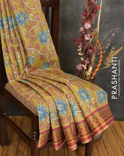 Semi linen saree light green and pink with allover floral prints and simple border - IVO1595 - {{ collection.title }} by Prashanti Sarees