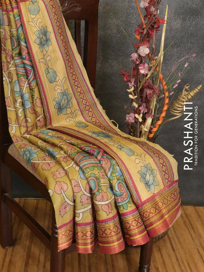 Semi linen saree light green and pink with allover floral prints and simple border - IVO1595 - {{ collection.title }} by Prashanti Sarees