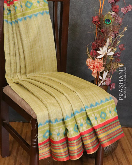 Semi linen saree light green and red with allover bandhani prints and simple border - IVO1421 - {{ collection.title }} by Prashanti Sarees