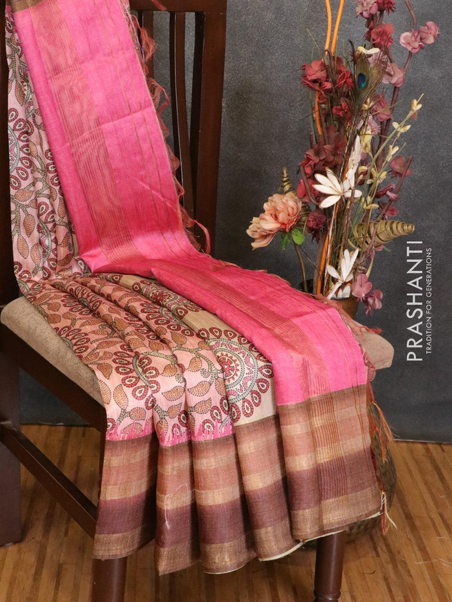 Semi linen saree light pink and brown with allover prints and simple border - {{ collection.title }} by Prashanti Sarees