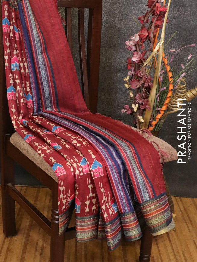 Semi linen saree maroon and navy blue with allover warli prints and simple border - IVO1508 - {{ collection.title }} by Prashanti Sarees