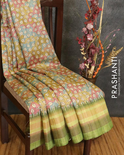 Semi linen saree multi colour and green with allover leaf prints and simple border - {{ collection.title }} by Prashanti Sarees