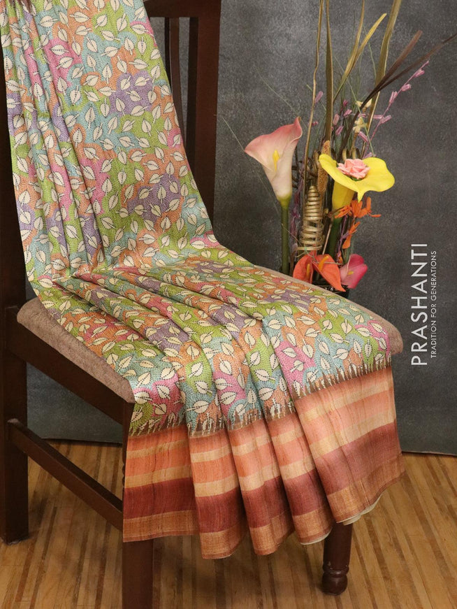 Semi linen saree multi colour and rust with allover leaf prints and simple border - {{ collection.title }} by Prashanti Sarees