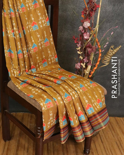 Semi linen saree mustard with allover warli prints and simple border - IVO1511 - {{ collection.title }} by Prashanti Sarees