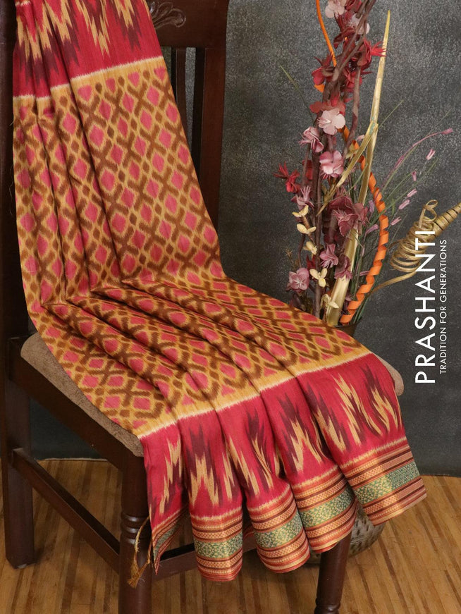 Semi linen saree mustard yellow and pink with allover ikat prints and simple border - {{ collection.title }} by Prashanti Sarees