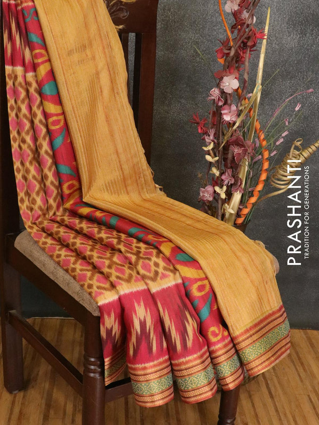 Semi linen saree mustard yellow and pink with allover ikat prints and simple border - {{ collection.title }} by Prashanti Sarees