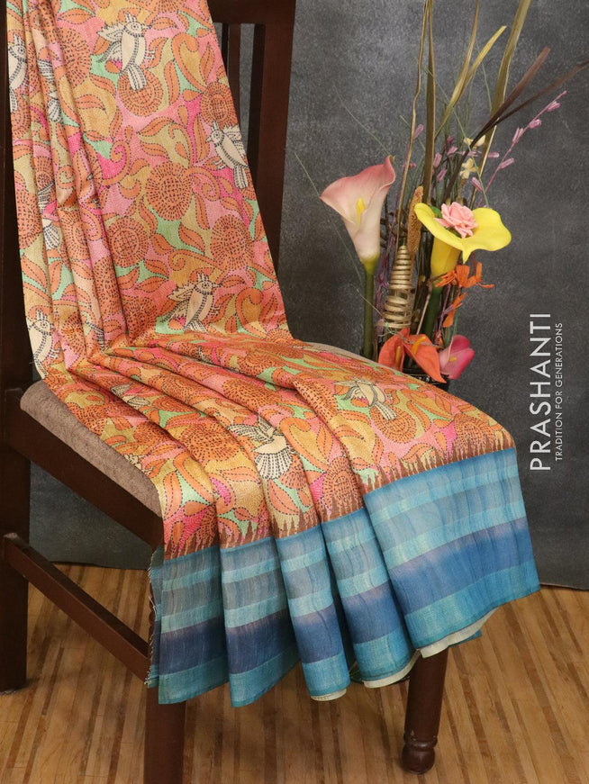 Semi linen saree orange and blue with allover prints and simple border - {{ collection.title }} by Prashanti Sarees