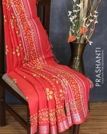Semi linen saree orange with kantha stitch work and silver zari border - {{ collection.title }} by Prashanti Sarees
