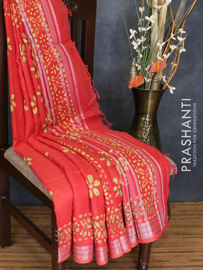 Semi linen saree orange with kantha stitch work and silver zari border - {{ collection.title }} by Prashanti Sarees