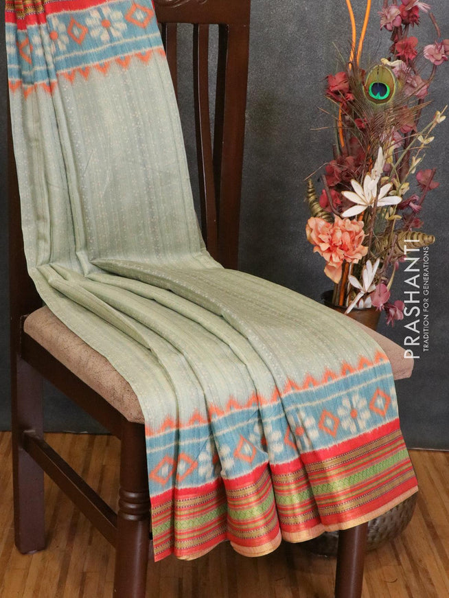 Semi linen saree pastel green and red with allover bandhani prints and simple border - IVO1422 - {{ collection.title }} by Prashanti Sarees