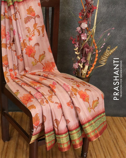 Semi linen saree pastel pink and maroon with allover floral prints and simple border - {{ collection.title }} by Prashanti Sarees