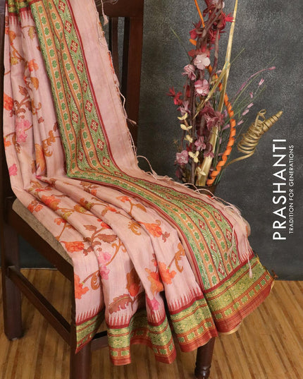 Semi linen saree pastel pink and maroon with allover floral prints and simple border - {{ collection.title }} by Prashanti Sarees