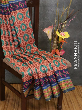 Semi linen saree peach and blue with allover prints and simple border