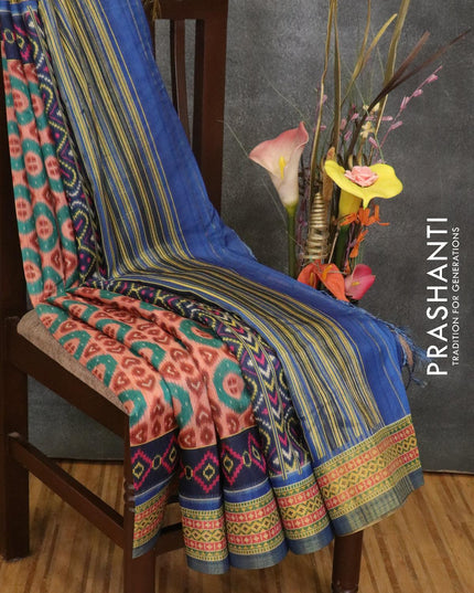 Semi linen saree peach and blue with allover prints and simple border - {{ collection.title }} by Prashanti Sarees