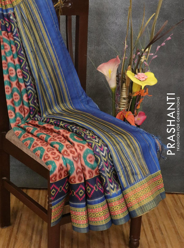 Semi linen saree peach and blue with allover prints and simple border - {{ collection.title }} by Prashanti Sarees