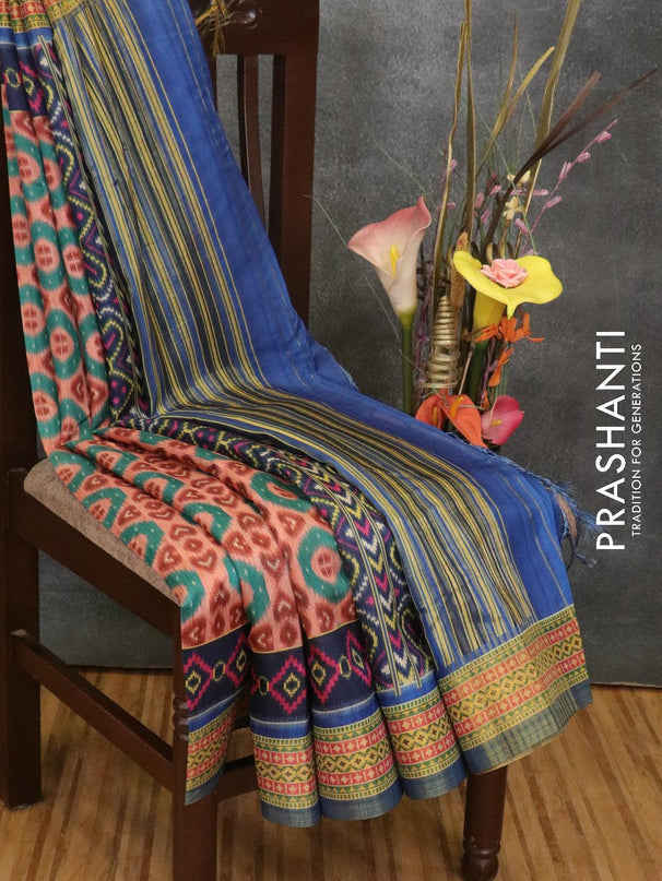 Semi linen saree peach and blue with allover prints and simple border - {{ collection.title }} by Prashanti Sarees