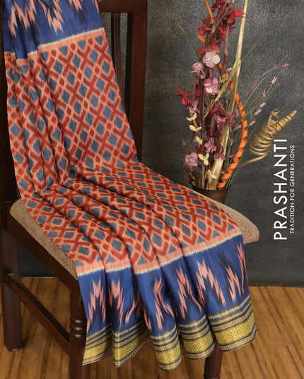 Semi linen saree peach orange shade and blue with allover ikat prints and simple border - {{ collection.title }} by Prashanti Sarees