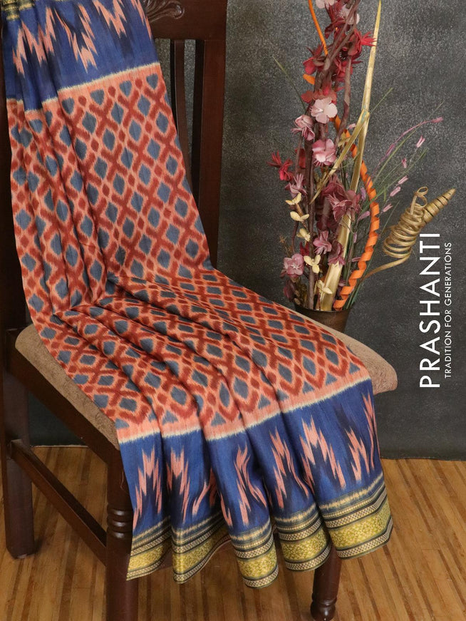 Semi linen saree peach orange shade and blue with allover ikat prints and simple border - {{ collection.title }} by Prashanti Sarees
