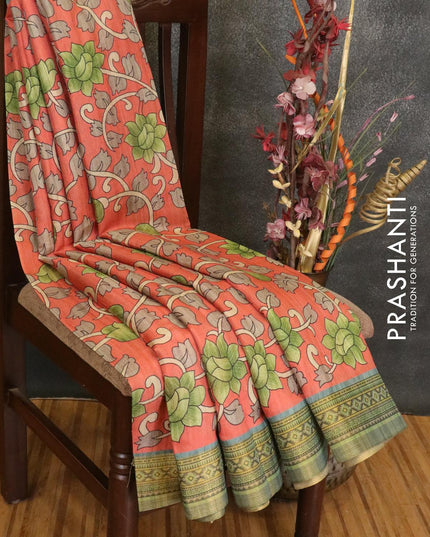 Semi linen saree peach orange with allover floral prints and simple border - IVO1598 - {{ collection.title }} by Prashanti Sarees