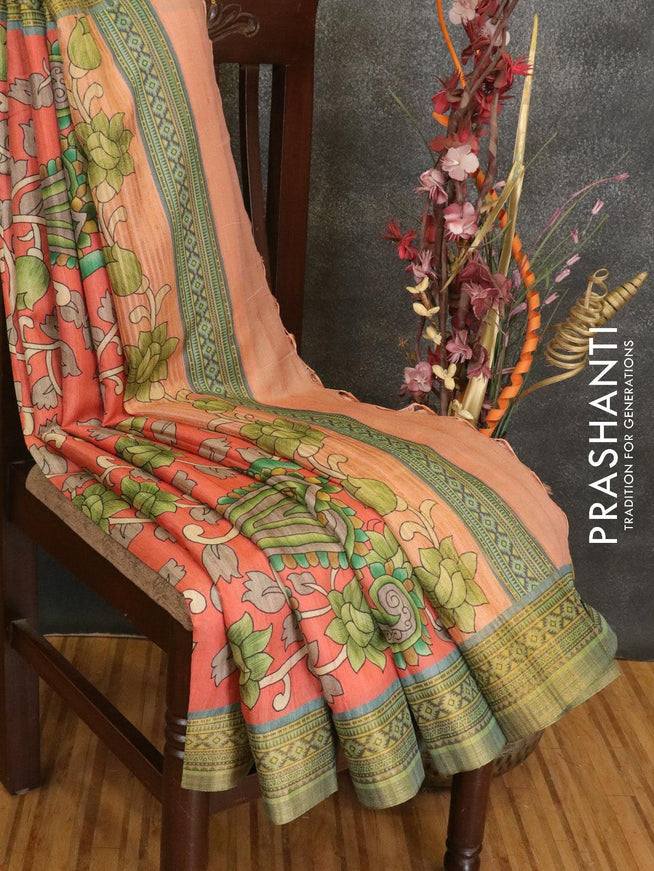 Semi linen saree peach orange with allover floral prints and simple border - IVO1598 - {{ collection.title }} by Prashanti Sarees