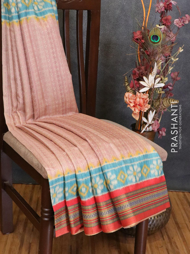 Semi linen saree peach pink and red with allover bandhani prints and simple border - IVO1423 - {{ collection.title }} by Prashanti Sarees