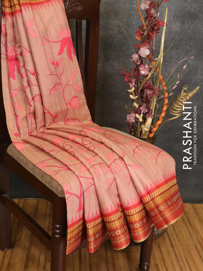 Semi linen saree peach pink and red with allover prints and simple border - {{ collection.title }} by Prashanti Sarees