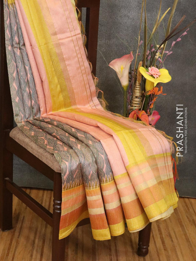 Semi linen saree peach pink shade and yellow with allover prints and simple border - {{ collection.title }} by Prashanti Sarees