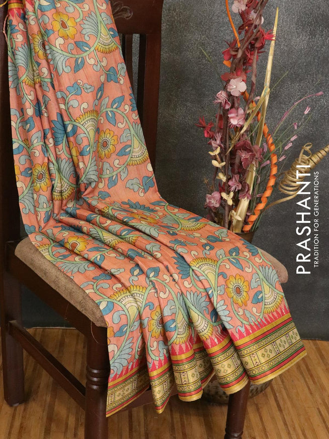 Semi linen saree peach shade and yellow with allover floral prints and simple border - {{ collection.title }} by Prashanti Sarees