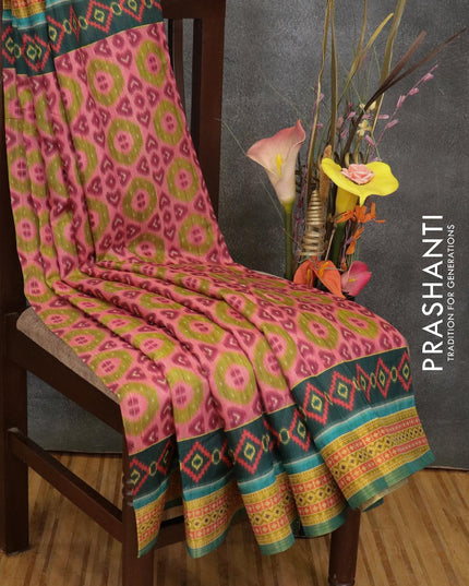 Semi linen saree pink and green with allover prints and simple border - IVO1525 - {{ collection.title }} by Prashanti Sarees