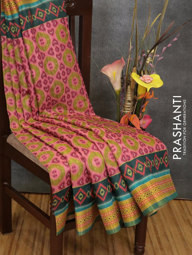 Semi linen saree pink and green with allover prints and simple border - IVO1525 - {{ collection.title }} by Prashanti Sarees