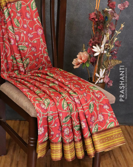 Semi linen saree red and yellow with allover floral prints and simple border - IVO1433 - {{ collection.title }} by Prashanti Sarees